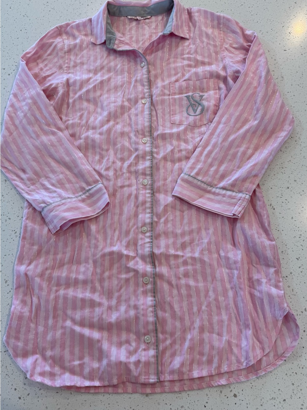 XS Victorias Secret Sleepshirt Cotton Flannel X Small Pajama Dress Pink Silver